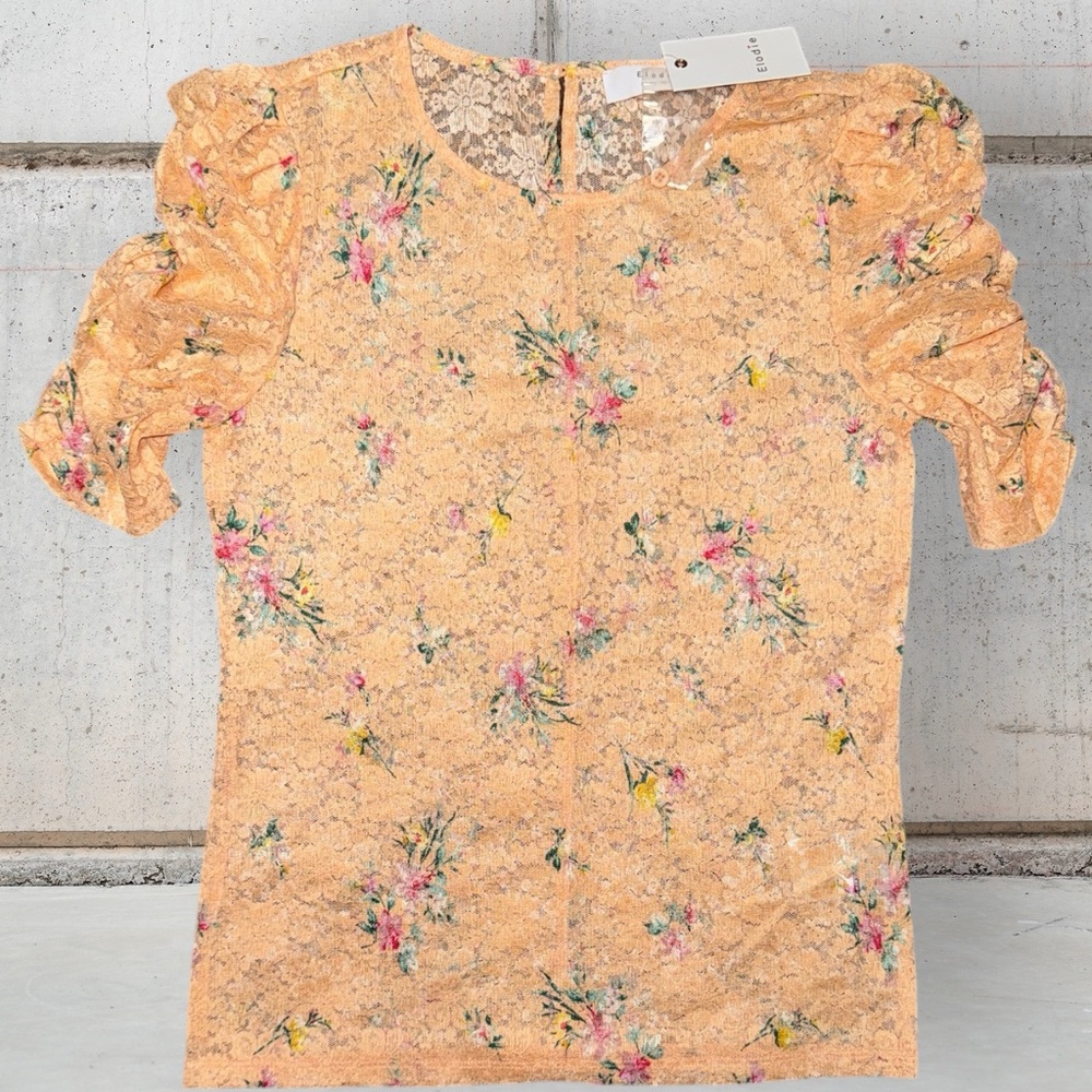 Elodie Peach Floral Puff Sleeve Top Women's Size XS NWT